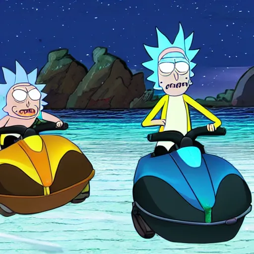 Image similar to rick and morty driving jetskis