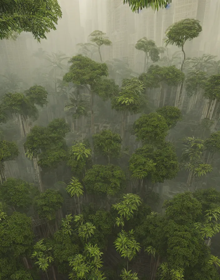 Image similar to a city of interlocking and weaving wooden structure towers intertwined and interconnected with a jungle rainforest, misty atmosphere hyper realistic octane render unreal engine