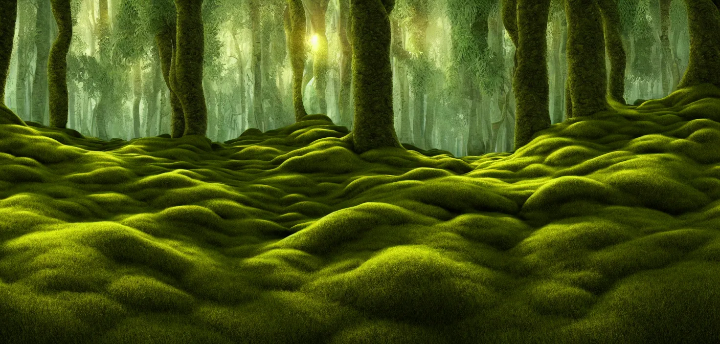 Prompt: random forest landscape, moss, incredible, vector art, octane render, fabulous, hyper detailed, random cinematic view, no noise, global illumination, warm lighting, volumetric, godrays, vivid, beautiful, by brian miller
