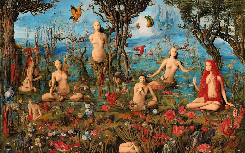 Image similar to a portrait photograph of a meditating mermaid shaman and a flayed monk feeding parrots at a wide river delta. surrounded by bulbous flowers, animals and trees. mountain range under a vast blue sky of burning stars. painted by jan van eyck, max ernst, ernst haeckel, ernst fuchs and artgerm, trending on cgsociety