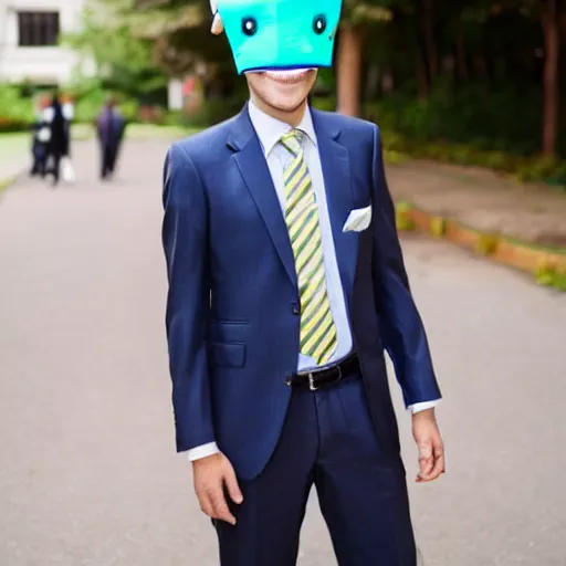 Image similar to a man wearing a suit banana head