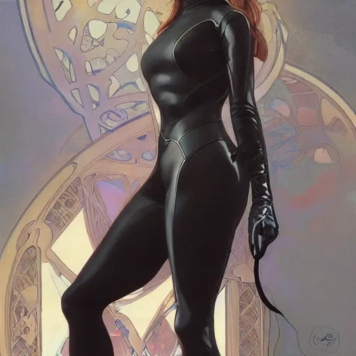 Image similar to Erin Moriarty as Cat Woman, highly detailed, digital painting, artstation, concept art, smooth, sharp focus, illustration, ArtStation, art by artgerm and greg rutkowski and alphonse mucha and J. C. Leyendecker and Edmund Blair Leighton and Katsuhiro Otomo and Geof Darrow and Phil hale and Ashley wood and Ilya repin and Charlie Bowater