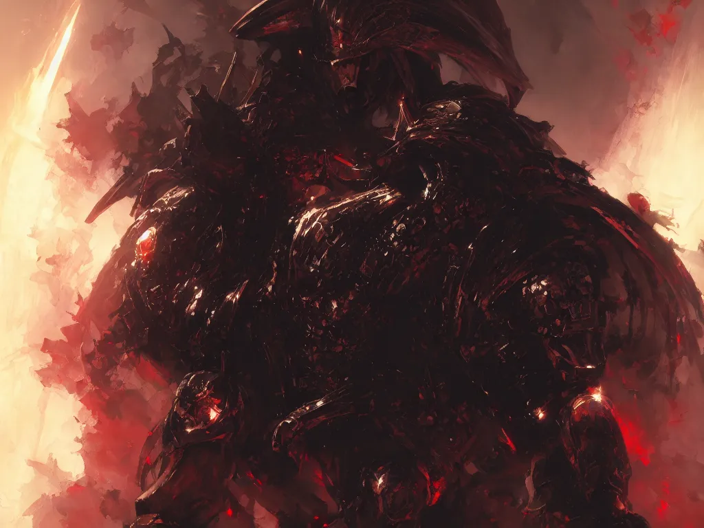 Image similar to a hellish knight paladin, black armor, flowing backlit hair, beautifully designed character, award winning collaborative painting by geg ruthowski, alphonse murac, craig mullins, ruan jia, wlop, yoji shinkawa, collaborative artwork, exquisitely high quality and detailed