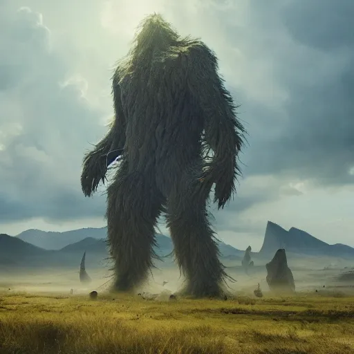 Prompt: enormous creature towering over the plains, seen from a distance, volumetric lighting, 8 k octane beautifully detailed render, post - processing, extremely hyper - detailed, intricate, epic composition, cinematic lighting, masterpiece, trending on artstation, masterpiece, stunning art by anders zorn, wonderful masterpiece by greg rutkowski, beautiful cinematic