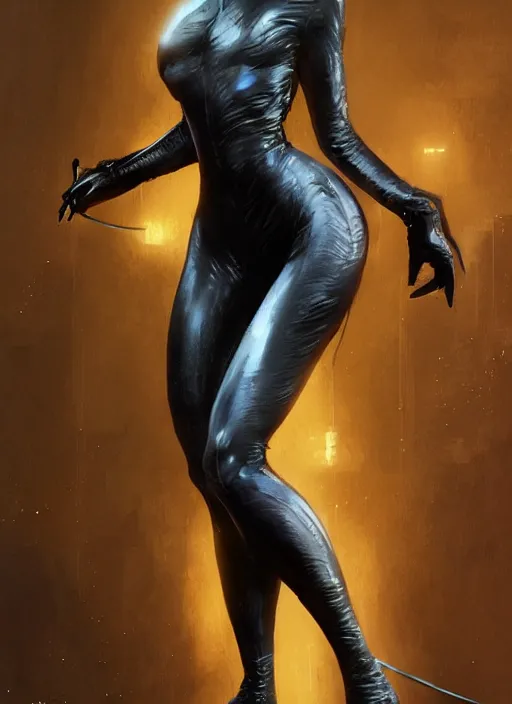 Image similar to catwoman, from batman, au naturel, hyper detailed, digital art, trending in artstation, cinematic lighting, studio quality, smooth render, unreal engine 5 rendered, octane rendered, art style by klimt and nixeu and ian sprigger and wlop and krenz cushart