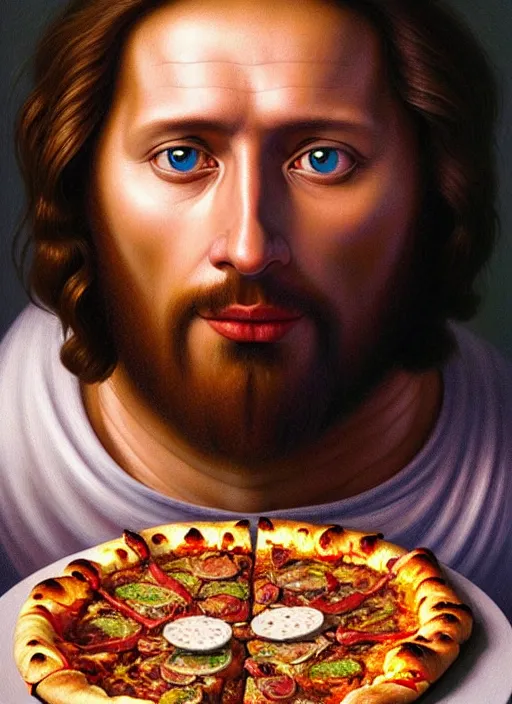 Prompt: hyper detailed 3d render like an Oil painting - Portrait of Jesus Christ eating pizza by Jacek Yerka, Mariusz Lewandowski, Houdini algorithmic generative render, Abstract brush strokes, Masterpiece, Edward Hopper and James Gilleard, Zdzislaw Beksinski, Mark Ryden, Wolfgang Lettl, hints of Yayoi Kasuma, octane render, 8k