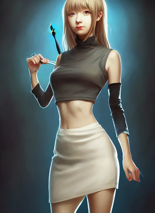 Image similar to portrait of a full body of beautiful young female secretary, d & d, sleeveless turtleneck, pencil skirt, fantasy, flat lighting, intricate, highly detailed, digital painting, artstation, concept art, smooth, sharp focus, illustration, misa amane, art by simon bisley and greg rutkowski and alphonse mucha, natural tpose