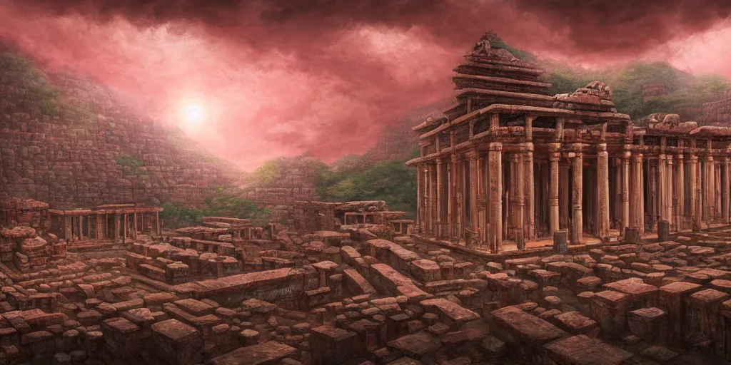 Prompt: an ancient temple made of human flesh, by Naomi Okubo, landscape, dramatic lighting, high contrast colors, panoramic view, as trending on Artstation,