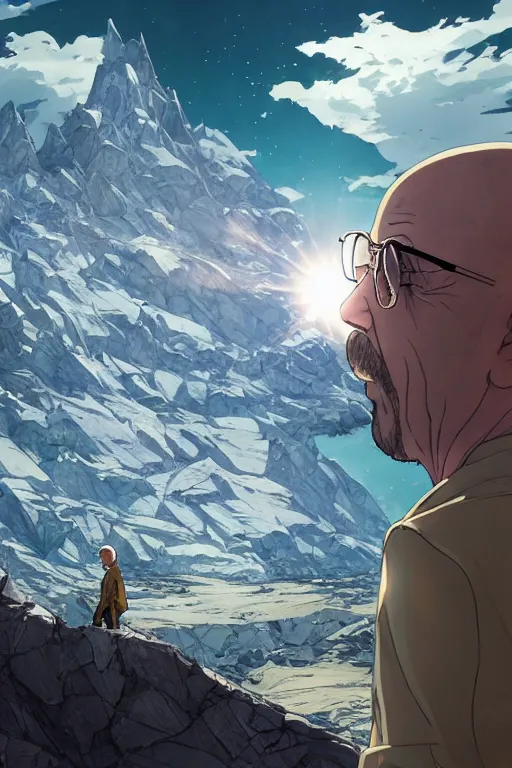 Image similar to walter white enjoying the look of a majestic crystal on a mountain, high intricate details, rule of thirds, golden ratio, cinematic light, 8 k, octane render, anime style, graphic novel by fiona staples and dustin nguyen, art by beaststars and orange, peter elson, alan bean, studio ghibli, makoto shinkai