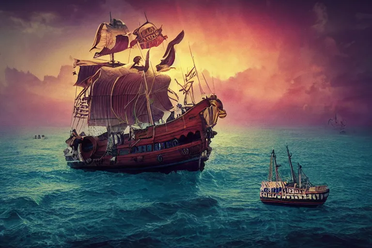 Image similar to epic pirate ship, in the style of vernon grant and chris van allsburg, trending on artstation, bright tilt - shift camcorder effect, photoshop, retrowave, hyperrealism, bauhaus