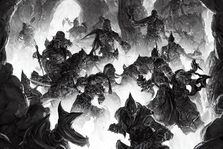 Image similar to black and white point perspective dungeon cozy fantasy dungeon clean battle mages are fighting a group of fire trapmasters,by artgerm and Craig Mullins, James Jean, Andrey Ryabovichev, Mark Simonetti and Peter Morbacher 16k