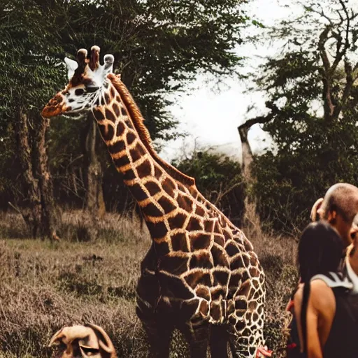 Image similar to a Giraffe-Pug Hybrid, A Giraffe that looks like a pug, huge tusks, afternoon hangout, good times photograph, candid