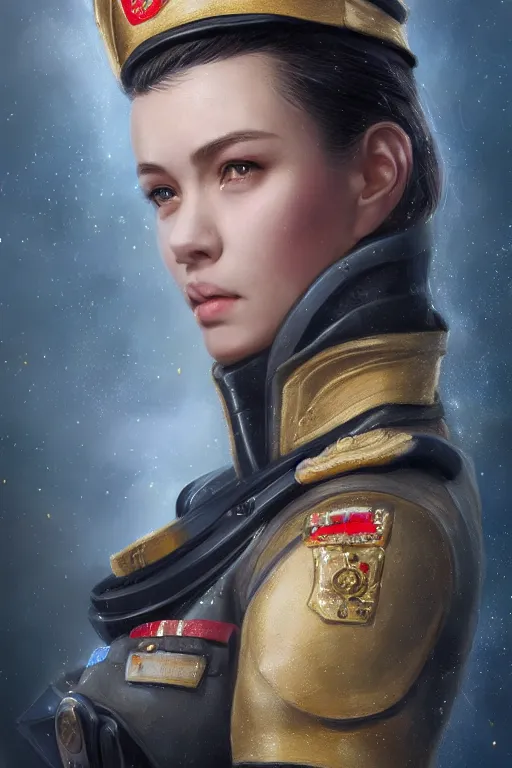 Prompt: beautiful portrait of a female officer wearing a fancy naval uniform, art by wlop and artgerm, science fiction, detailed eyes, spaceship interior, trending on artstation, sharp focus, illustration, caustics, octane render, 4 k, radiant light