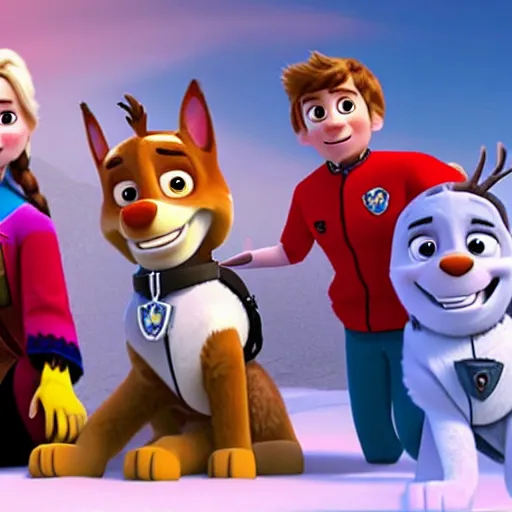 Image similar to paw patrol as real life human characters in the movie frozen, furry, photorealistic, cinematic, 3 5 mm