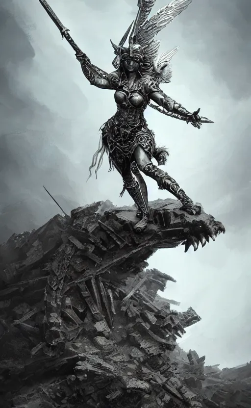 Image similar to valkyrie standing triumphantly atop a pile of bones, epic fantasy, insane details, illustration, artstation, intricate, sharp focus, elegant, concept art