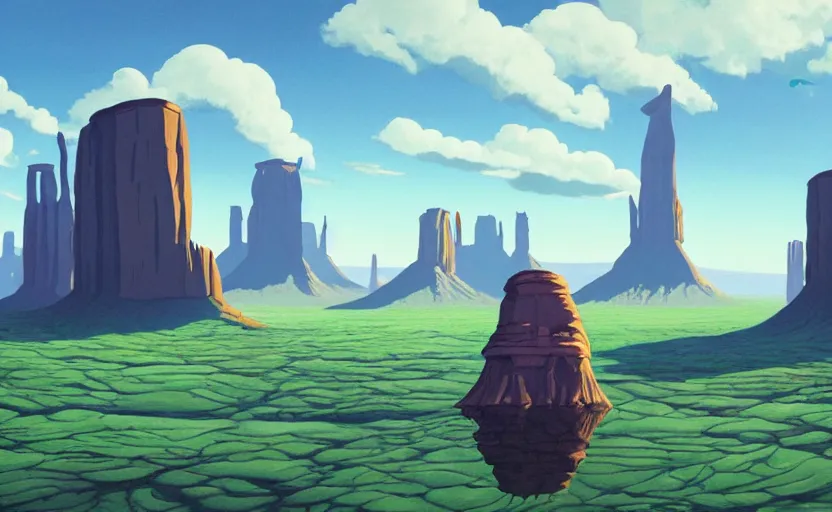 Image similar to a scary hyperrealist painting of a rocketship in a giant transparent forcefield from howl's moving castle ( 2 0 0 4 ) in a flooded monument valley stonehenge jungle. depth perception, 4 k, artstation, in the style of studio ghibli