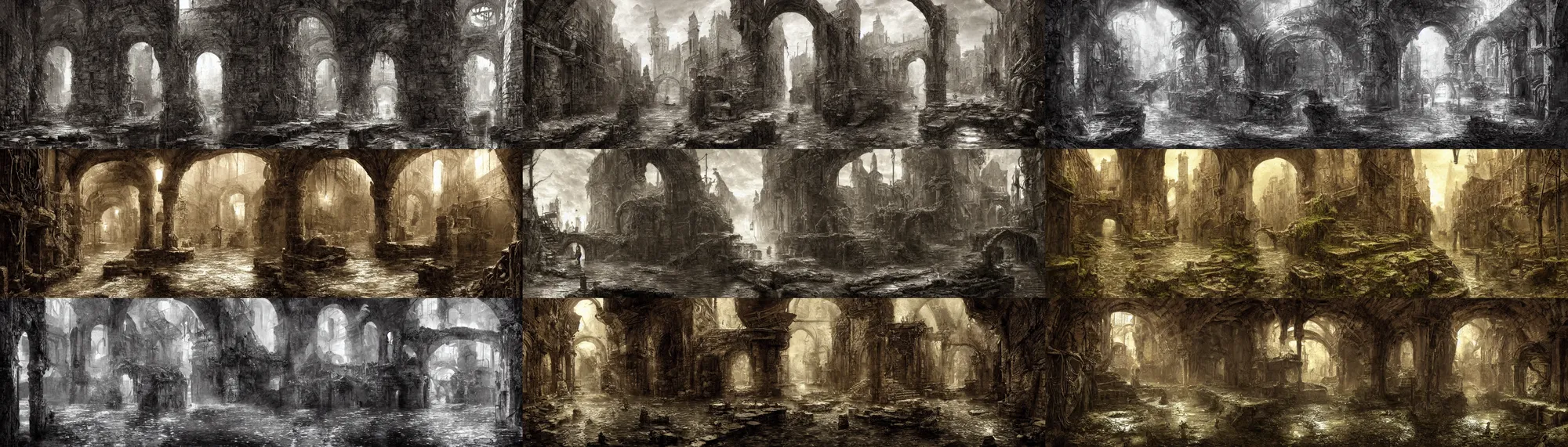 Prompt: inside the ancient flooded sewers in the old part of the city. fantasy art, underground, adventure, wet, standing water, channel, canal, boat with lamp, running water, stream, channel, musty, moss, sewage, dark, underground, abandoned spaces, lit by torchlight. by piranesi and bierstadt