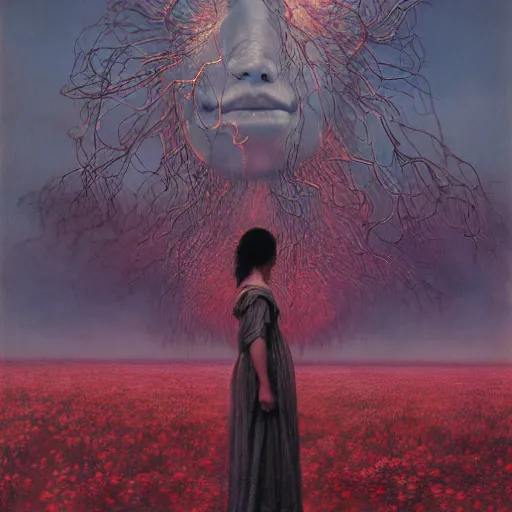 Image similar to A woman wearing clothes made out of thunder clouds and flowers, giant monsters walking in the distance, red skin, Masterpiece, glowing, wires everywhere, by Edgar Maxence and Ross Tran, Zdzisław Beksiński, and Michael Whelan, distant, gustav dore, H.R. Giger, 8k, octane render