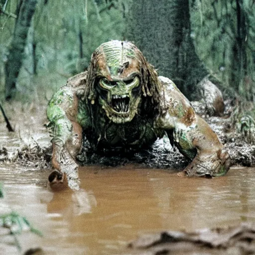 Image similar to film still of john cena as major dutch, covered in mud and hiding, a blurred predator is visible in swamp scene in 1 9 8 7 movie predator, hd, 8 k