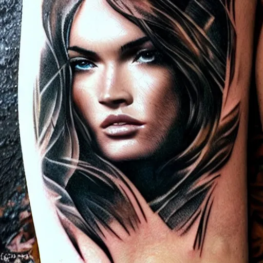 Image similar to hyper realism tattoo sketch of megan fox face professional double exposure art with beautiful mountain scenery, in the style of matteo pasqualin, amazing detail, sharp, faded