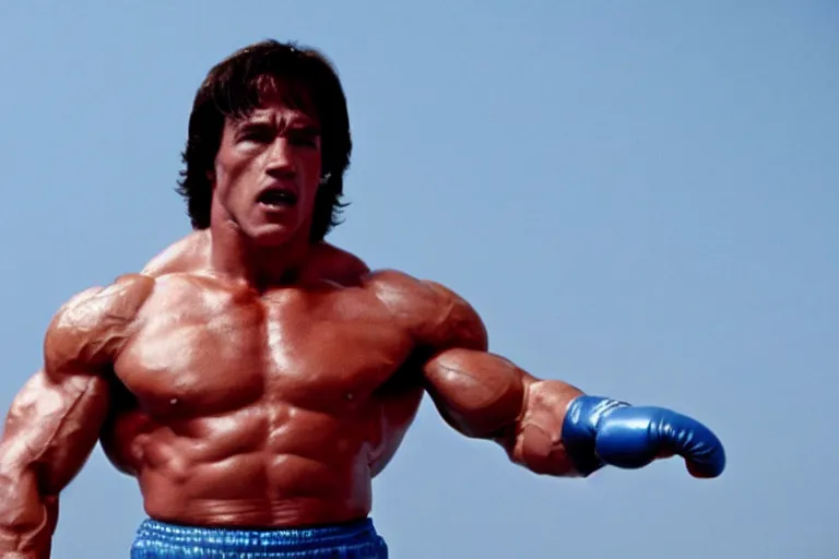 Image similar to film still of Arnold Schwarzenegger as Rocky in Rocky II, 8k,