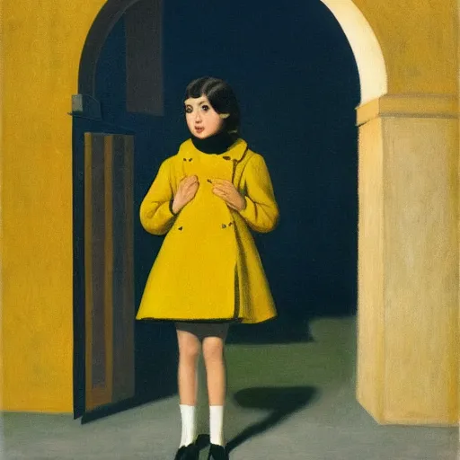 Image similar to a distant little girl with short black hair and wearing a yellow coat alone in the inner courtyard of an abbey, the light is bright and wintry, painting by hopper and de chirico