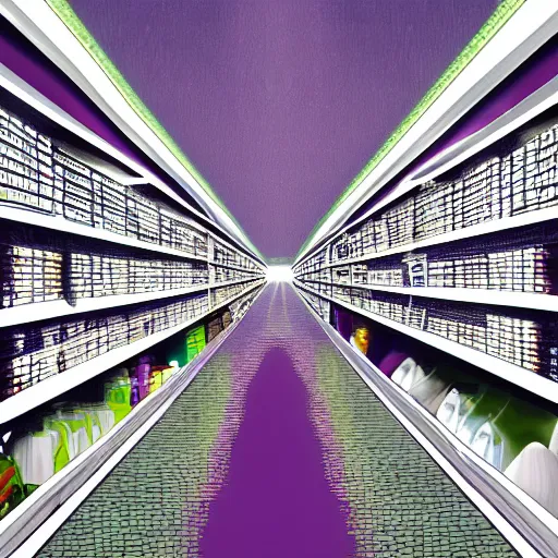 Image similar to freezer aisle of a store, digital art, surreal, ethereal