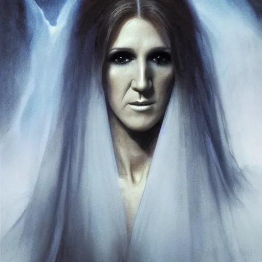 Image similar to head and shoulders portrait of a ghostly, shadowy, spectral banshee portrayed by celine dion, d & d, fantasy, greg rutkowski, frank frazetta, alexandre chaudret, boris vallejo, michael whelan, miro petrov, hr giger, magali villeneuve, donato giancola