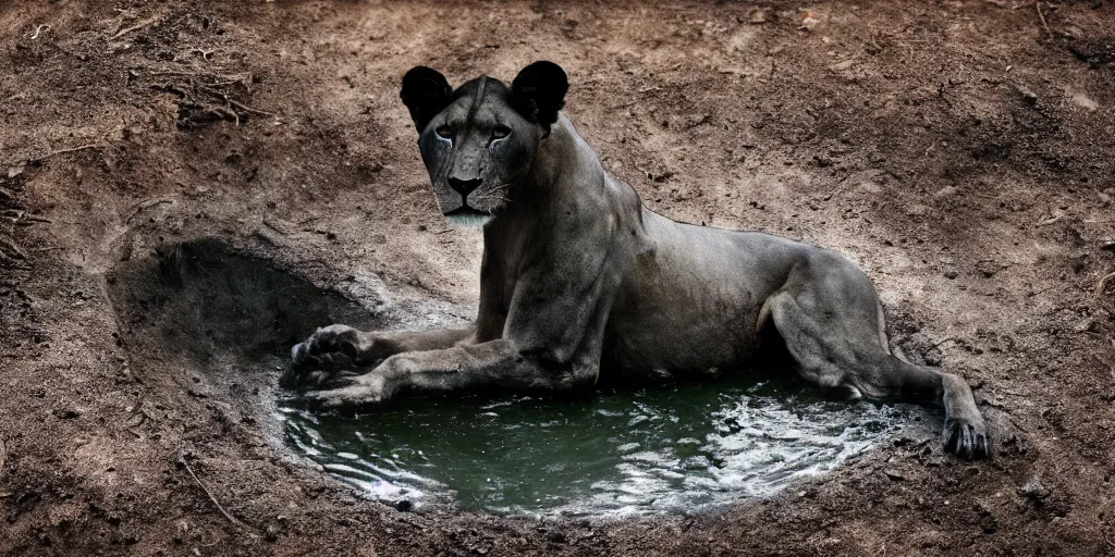 Prompt: a black lioness made of ferrofluid bathing inside the tar pit full of tar, covered with tar. dslr, photography, realism, animal photography, color, savanna, award winning wildlife photography