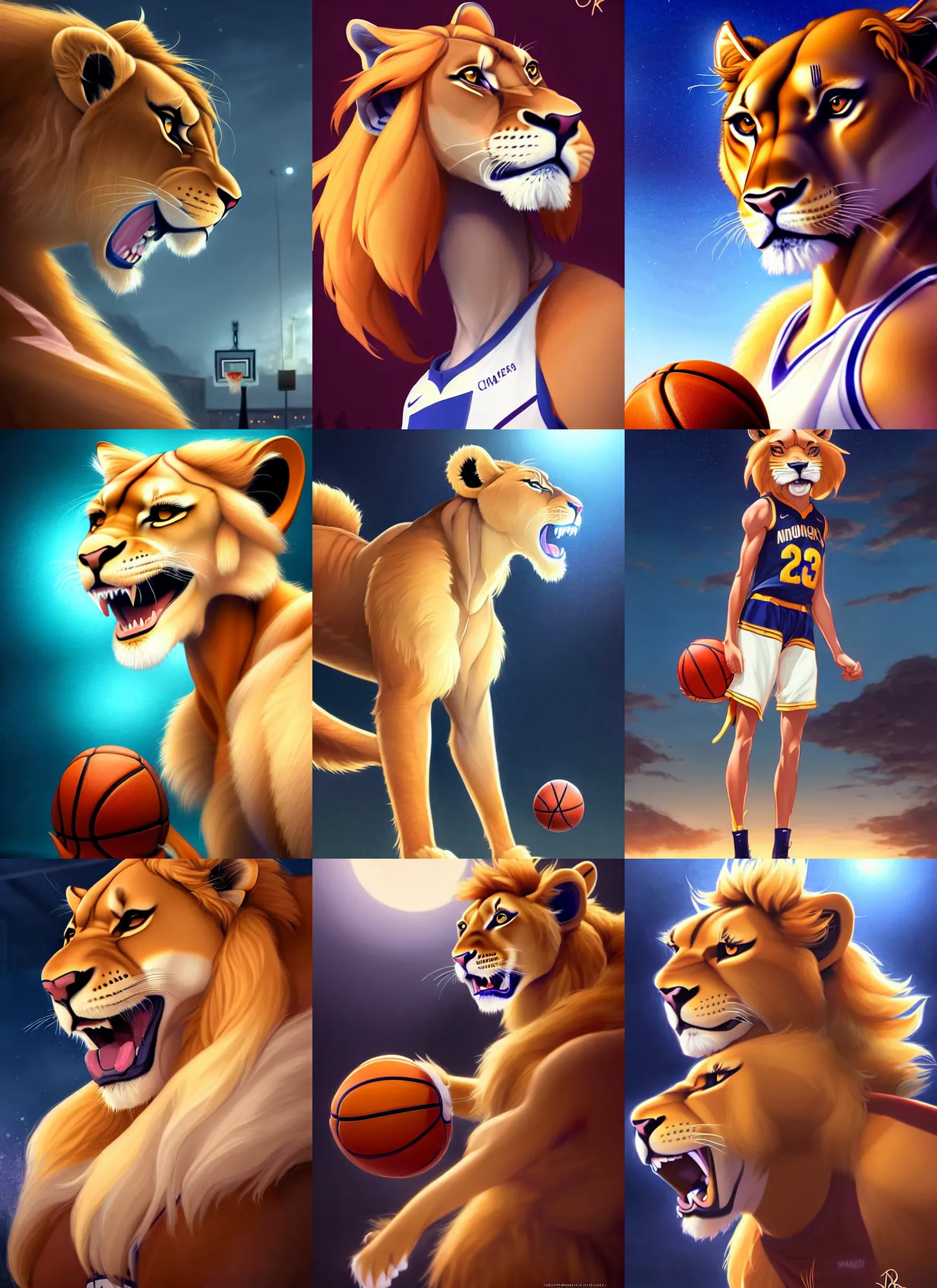 Prompt: beautiful portrait of a female anthropomorphic lioness fursona wearing a basketball uniform. basketball stadium background. character design by disney, charlie bowater, ross tran, artgerm, and makoto shinkai, detailed, soft lighting, rendered in octane