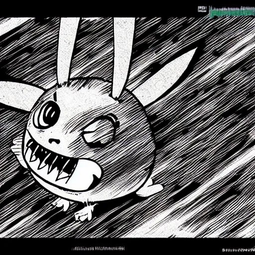 Image similar to junji ito pikachu, horror manga illustration, electric rodent