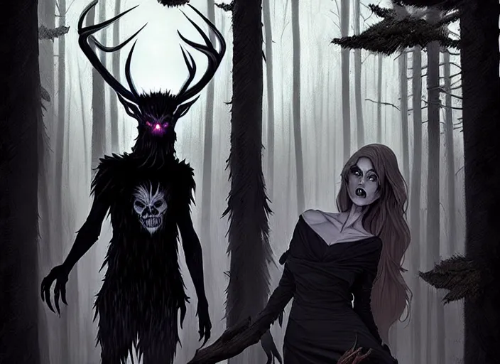 Image similar to style artgerm, joshua middleton, steve niles, diego fazio, marc simonetti : : scary wendigo with antlers and skull face mixed with werewolf : : [ beautiful witch wearing a black dress, symmetrical face, on the right side ] : : in the forest, detailed, dark and foggy, cinematic lighting