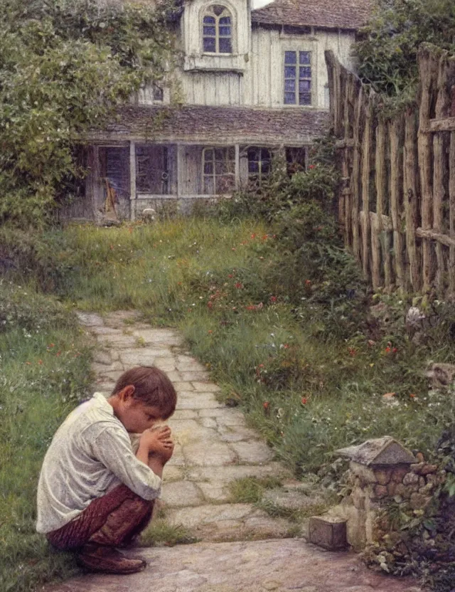 Image similar to peasant boy praying in country house in front of an icon, cottage core, cinematic focus, polaroid photo bleached vintage pastel colors high - key lighting, soft lights, foggy, by steve hanks, by lisa yuskavage, by serov valentin, by tarkovsky, detailed, oil on canvas