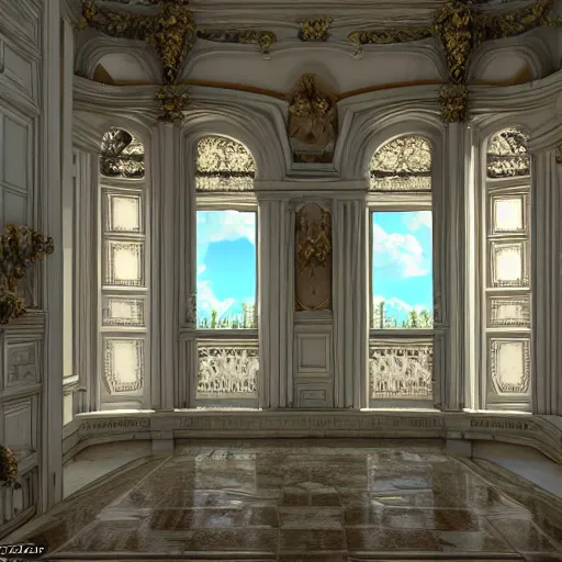 Prompt: vaporwave mansion, liminal space, high detail, rendered in unreal engine, 3d render, god rays, volumetric lighting, large windows, baroque, rococo, vegetation