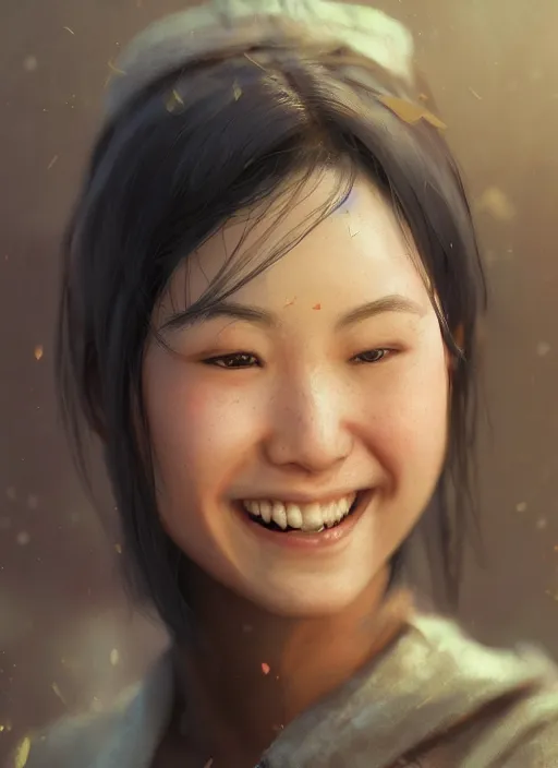 Image similar to hyper realistic photography portrait of smiling asian festival girl face cinematic, vallejo, full shot, craig mullins greg rutkowski, artstation, cgsociety