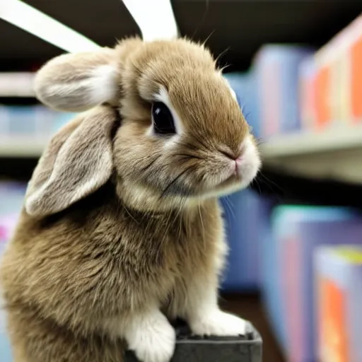 Prompt: An adorable cute bunny holding a rifle in the Staples backroom.