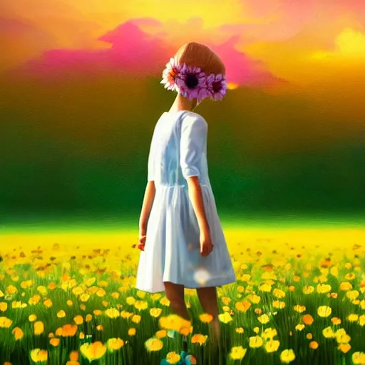 Image similar to daisy flower as a face, girl walking in flower field, holding daisy, surreal photography, sunrise, impressionist painting, colorful clouds, digital painting, artstation, simon stalenhag, flower face