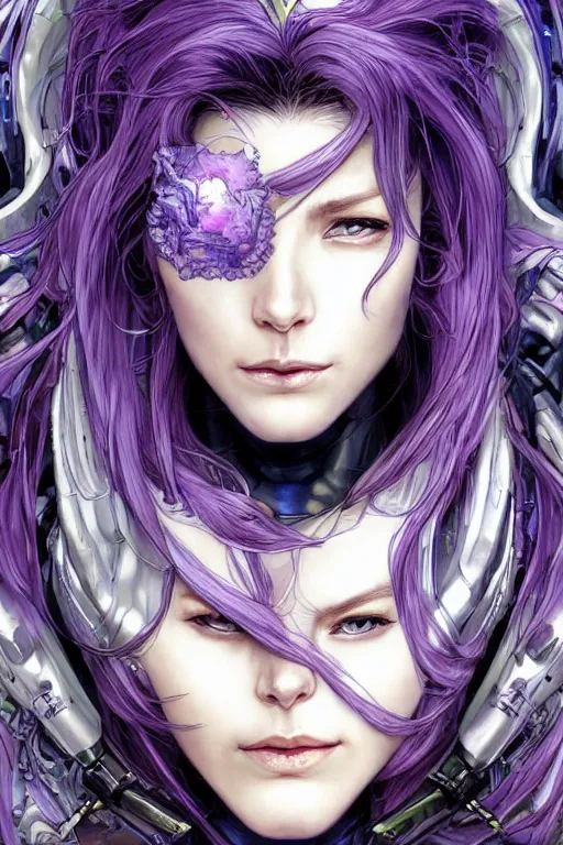 Prompt: extreme close up facial portrait, pale woman with flowing purple hair in sci - fi armor, bionic armor, stoic, powerful, by artgerm and yoshitaka amano and moebius and alphonse mucha, hyperdetailed, dc comics, ornate, nebula, detailed, yoji shinkawa, trending on artstation