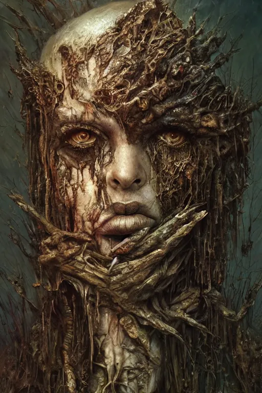 Image similar to very complex hyper-maximalist overdetailed cinematic darkfantasy portrait of a rotting bog mummy by andrei riabovitchev, tomasz alen kopera, oleksandra shchaslyva. Omnious intricate, octane, Deviantart, hyper detailed illustration, 8k