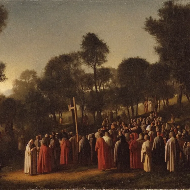 Image similar to A Holy Week procession of souls in a lush Spanish landscape at night. A figure at the front holds a cross. Petrus van Schendel.