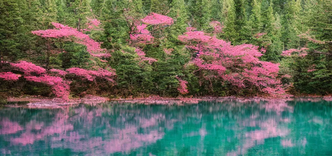 Prompt: a lake with pink flowing water under the stars surrounded by luscious trees