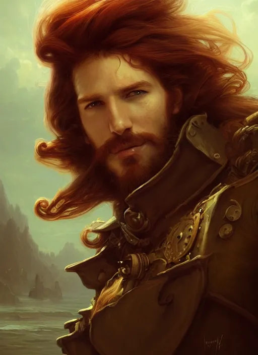 Image similar to portrait painting of a handsome rugged long hair red hair male pirate, soft hair steampunk airship in the sky art by raphael lacoste and stephan martiniere greg rutkowski gaston bussiere fantasy soft hair trending on artstation deviantart book cover art concept art key art dramatic volumetric lighting, 4 k, award winning