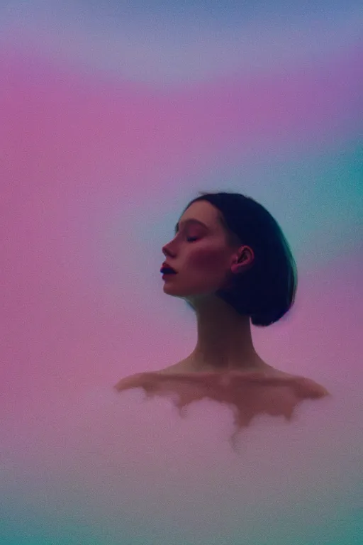 Image similar to high quality pastel coloured film close up wide angle photograph of a model wearing clothing swimming on cloud furniture in a icelandic black rock!! environment in a partially haze filled dreamstate world. three point light, rainbow. photographic production. art directed. pastel colours. volumetric clouds. pastel gradient overlay. waves glitch artefacts. extreme facial clarity. 8 k. filmic.