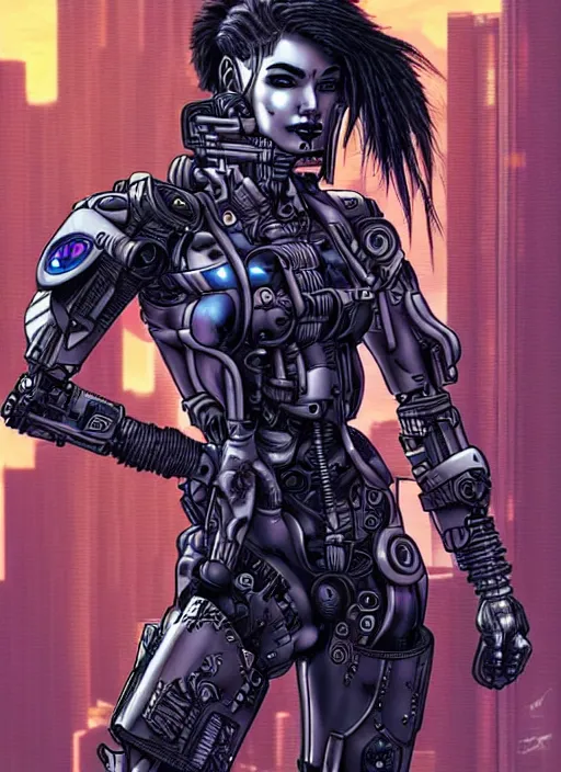 Prompt: a female cyborg soldier in grungy cyberpunk megacity, intricate, cyberpunk, vaporwave, portrait by j scott campbell