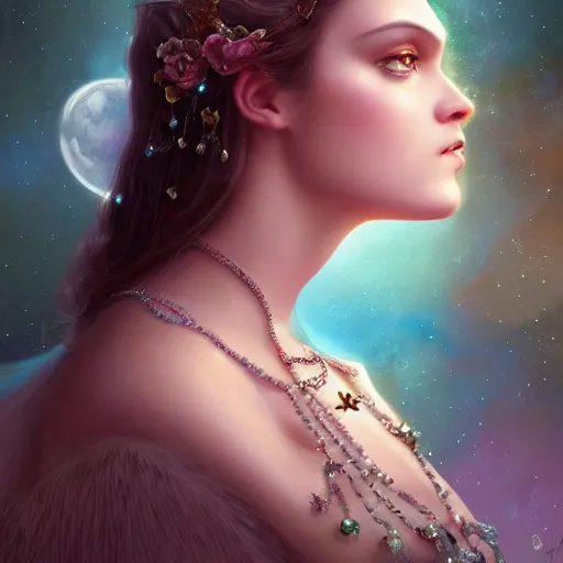 Image similar to A beautiful digital painting of a female angel full of jewels, princess, the moon behind her, intricate, cinematic lighting, highly detailed, digital painting, Artstation, concept art, smooth, sharp focus, illustration, art by Tom Bagshaw, Artgerm and Greg Rutkowski