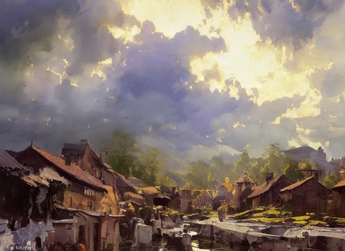 Image similar to oil painting of medieval village in dawn by anders zorn, wonderful art by greg rutkowski, incredible lighting, shadows, beautiful cinematic light, american romanticism by greg manchess, tall rocky mountains and storm clouds, sun rays, sunshine, bright sunny summer day