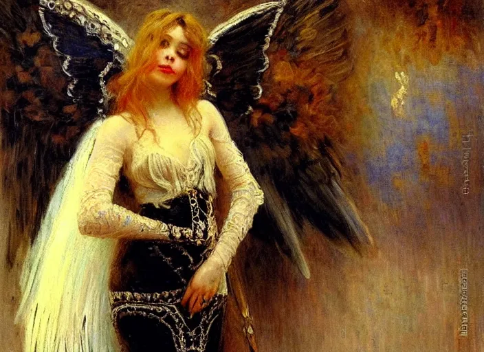 Image similar to horizontal prtrait of an angel knight gothic girl, baroque dress. by gaston bussiere