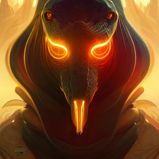 Image similar to dinosaur overlord, sci fi, glowing eyes, volumetric lights, gold theme, art nouveau botanicals, intricate, highly detailed, digital painting, artstation, concept art, smooth, sharp focus, cinematic, illustration, beautiful face, art by artgerm and greg rutkowski and alphonse mucha