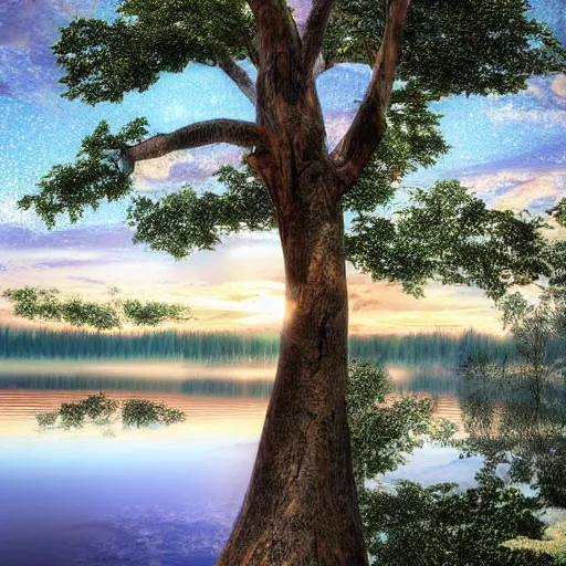 Prompt: standing in a beautiful tree fort looking out over the massive lake at sunrise, digital art, highly detailed, epic composition