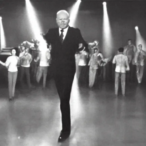 Prompt: A still of Khrushchev wearing a disco suit in Saturday Night Fever